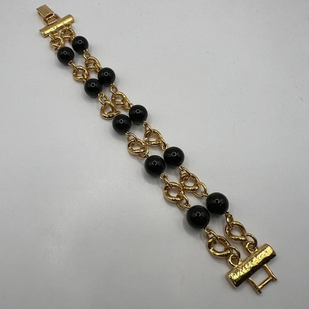 Gold Tone Chain Bracelet‎ Black Beaded Stations 7.5 inch